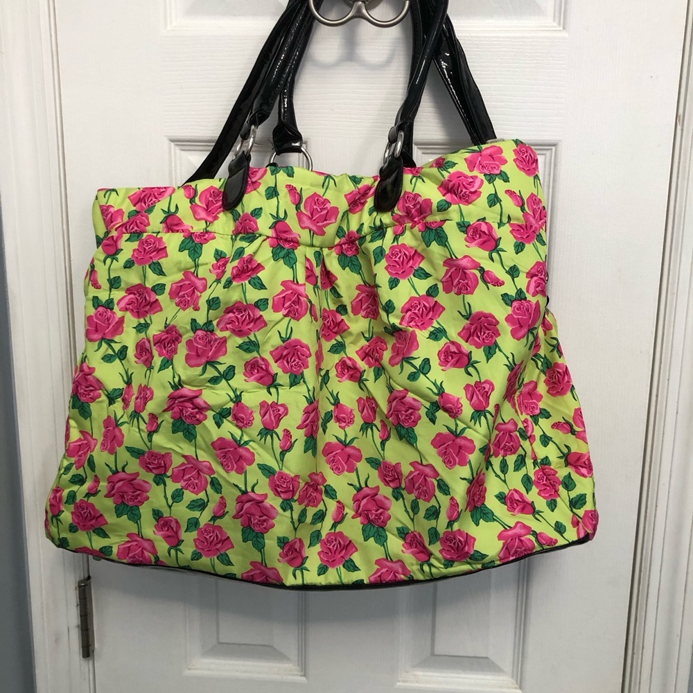 Betsey Johnson Floral Tote Bag Large Black Trim Pink Roses Neon - Picture 13 of 16